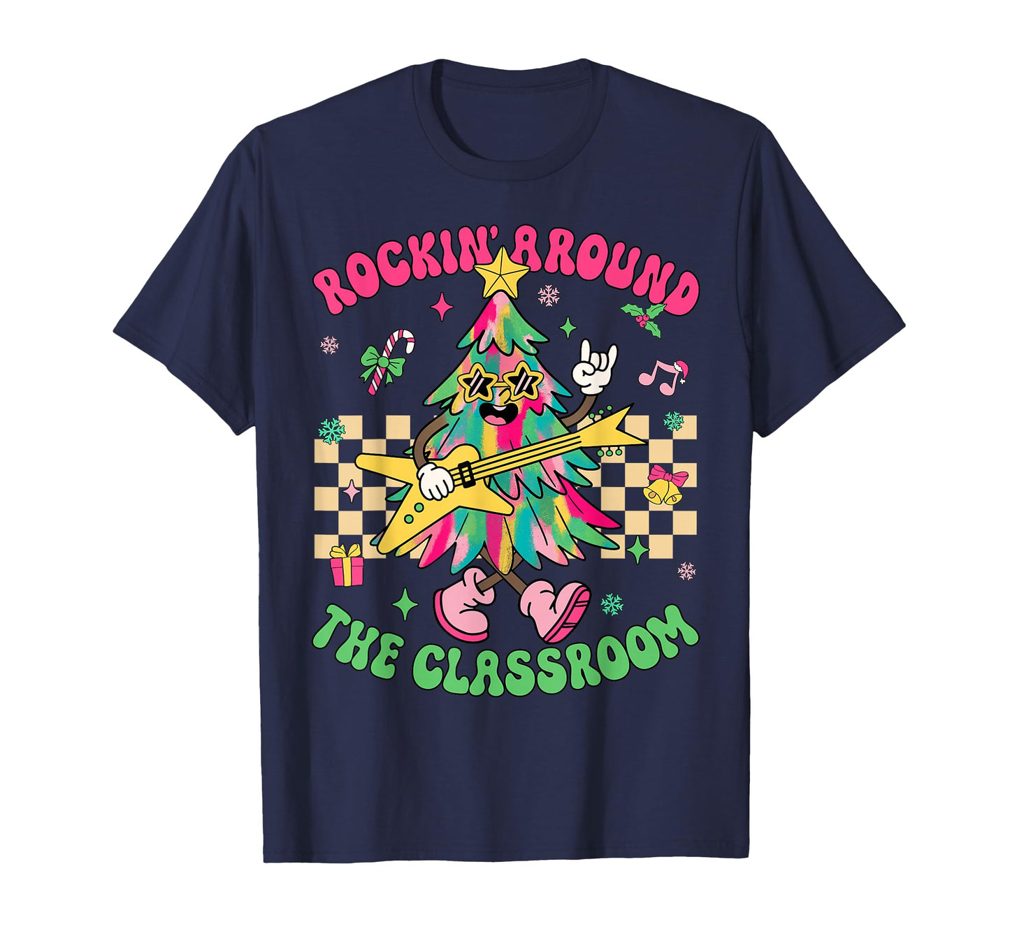 Groovy Teacher Christmas Rockin' Around The Classroom Kids T-Shirt
