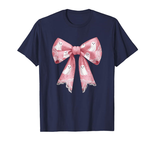 Pink Ghost Coquette Bow Halloween Spooky Season Womens Girls T-Shirt