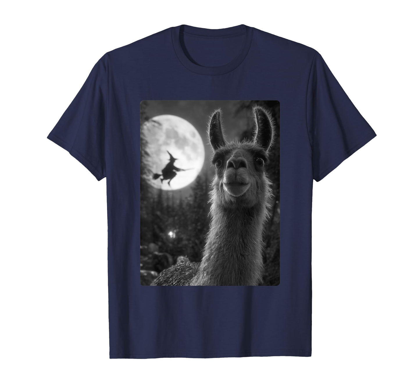 Funny Llama Selfie Full Moon Flying Witch Forest Halloween T-Shirt