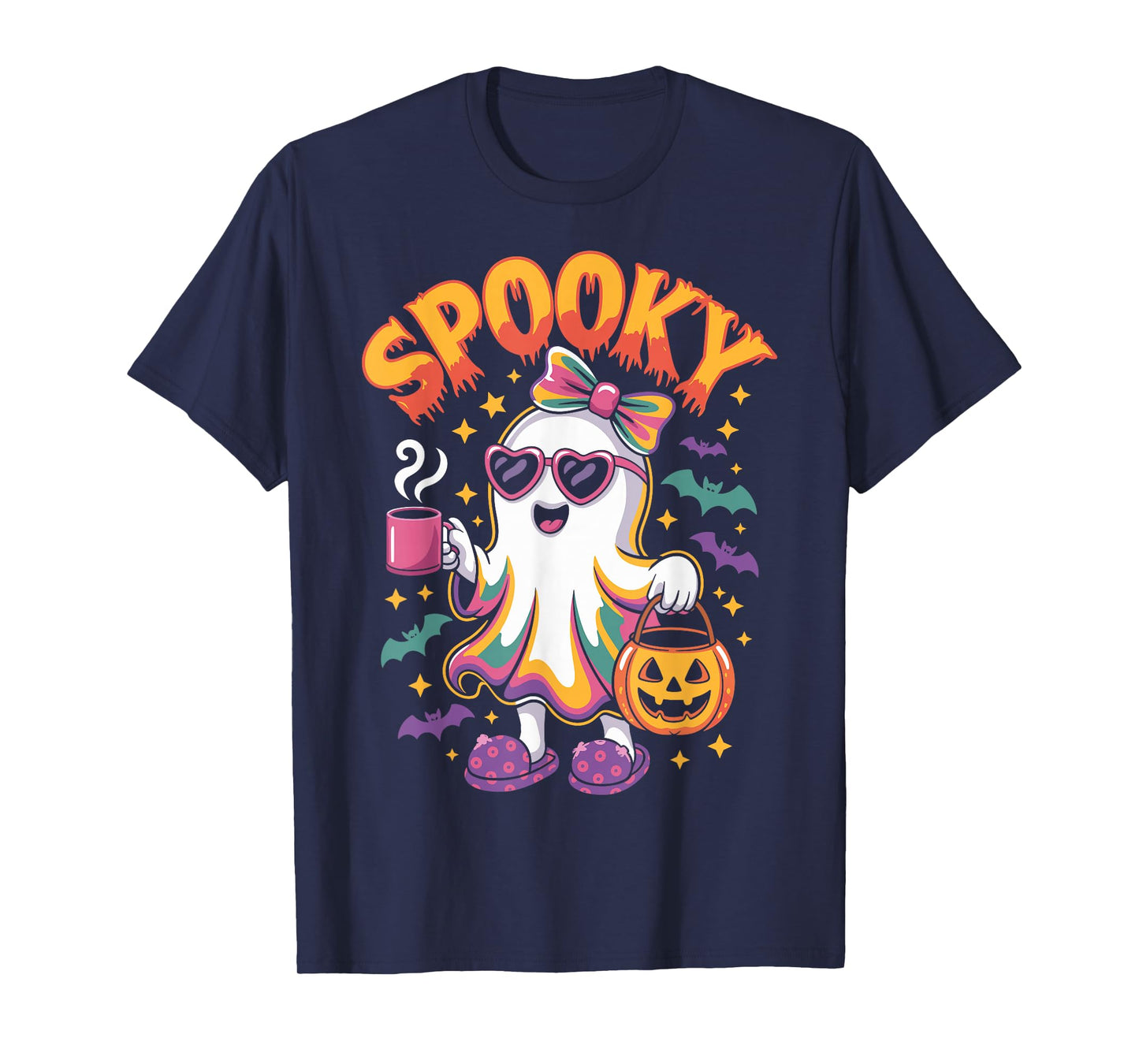 Spooky Halloween Ghost Colorful Coquette Bow Girl Women T-Shirt