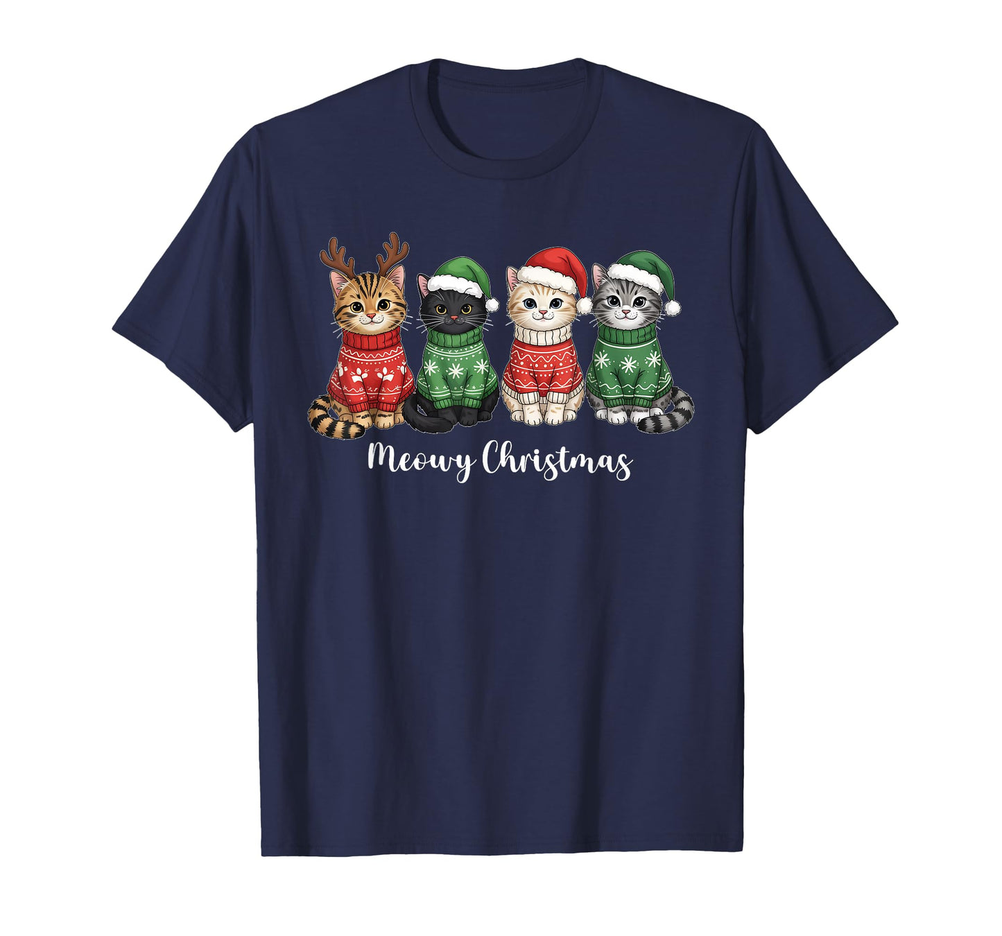 Meowy Christmas Cat Ugly Christmas Cat Reindeer Santa Xmas T-Shirt