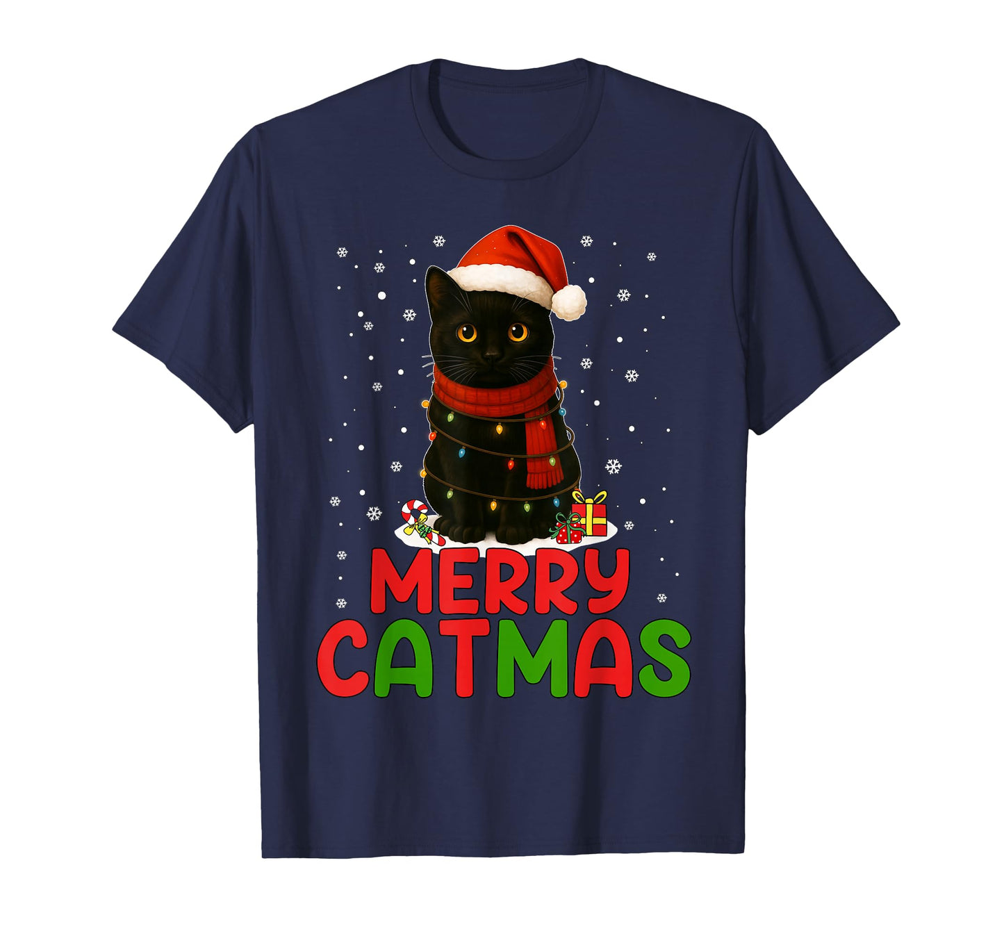 Merry Catmas Santa Hat Funny Black Cat Christmas Women Kids T-Shirt