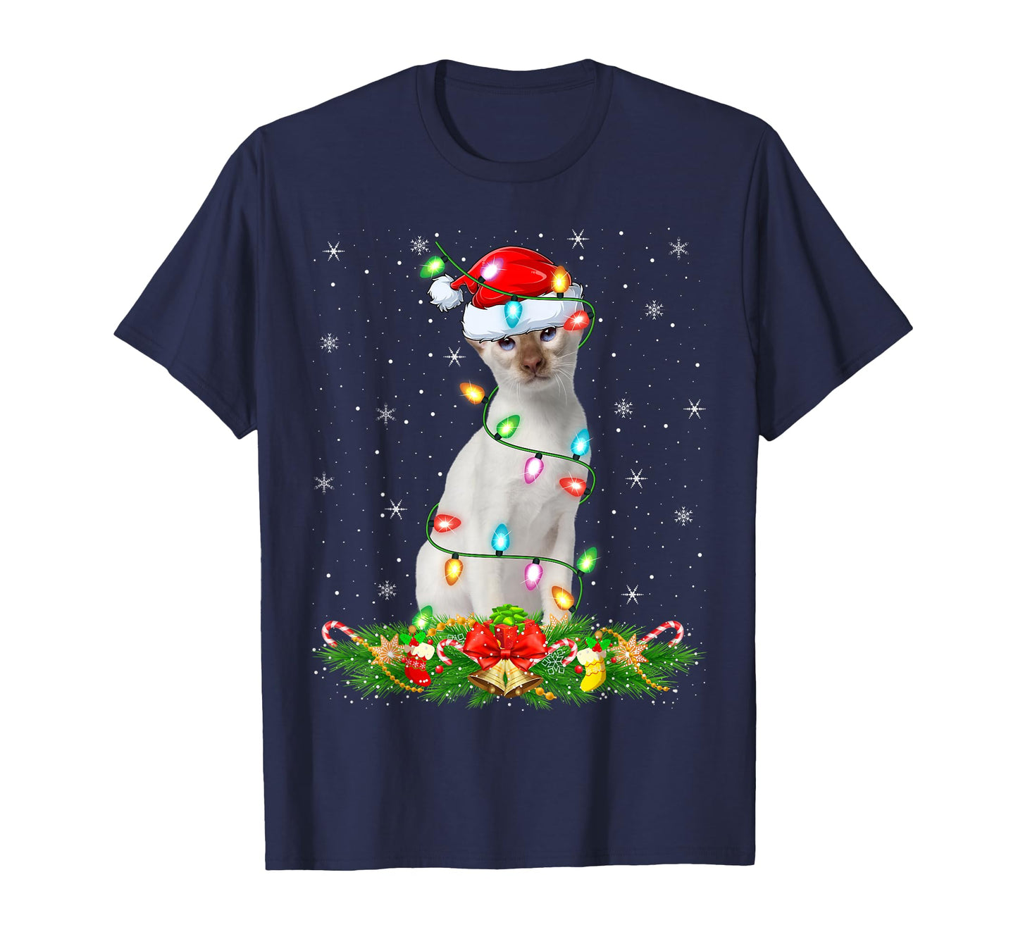 Siamese Cat Christmas Lights Funny Santa Hat Cat Xmas T-Shirt