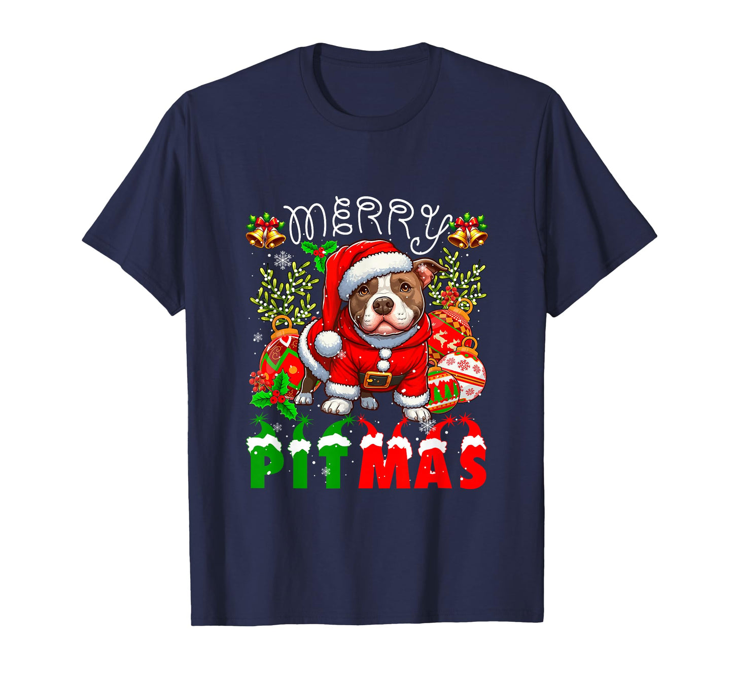 Merry Pitmas Santa Pit Bull Decorating Xmas Owner Family T-Shirt