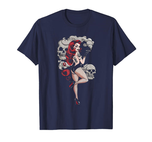Tattoo Goth Pin-up Girl with Skull Vintage Horror Rockabilly T-Shirt