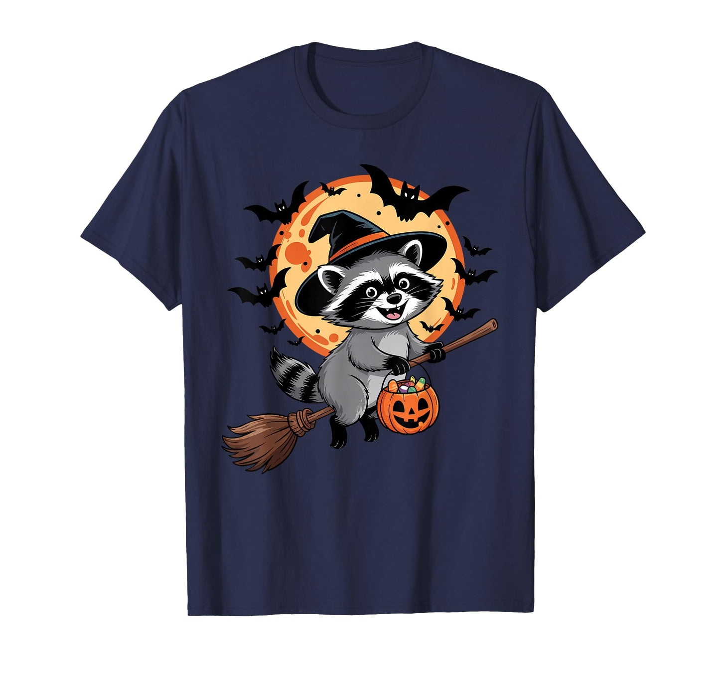 Halloween Raccoon Witch Hat and Broom Pumpkin Candy Bucket T-Shirt
