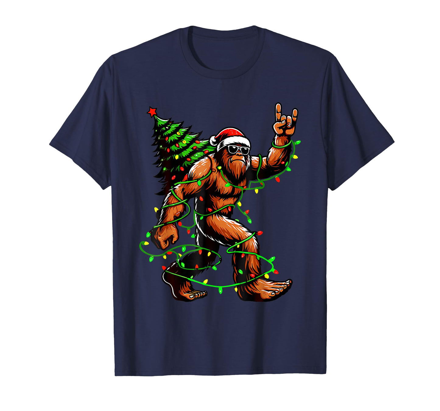 Bigfoot Santa Christmas Tree Lights Funny Xmas Sasquatch T-Shirt