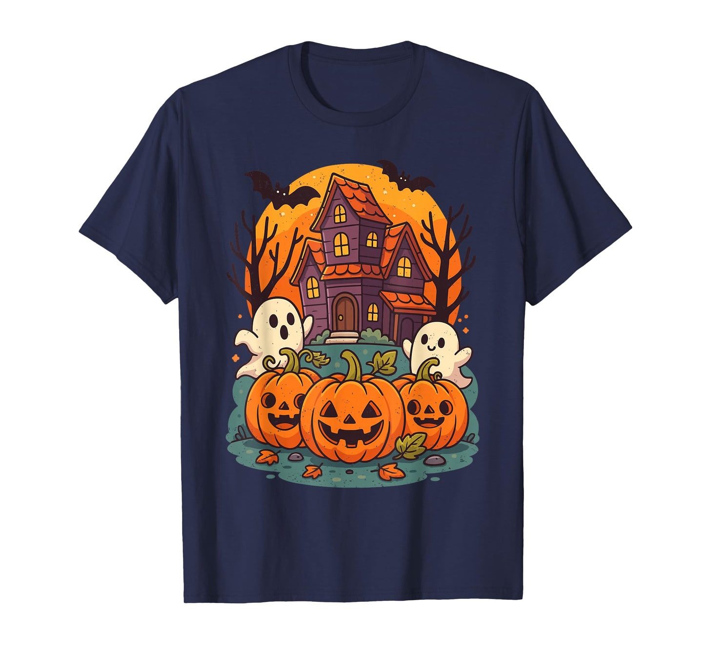 Haunted House Ghost Pumpkin Halloween Jack O Lantern Bats T-Shirt
