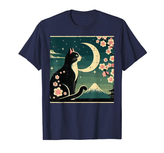 Japanese Tuxedo Cat Moon Sakura Vintage Art Women Girls Kids T-Shirt