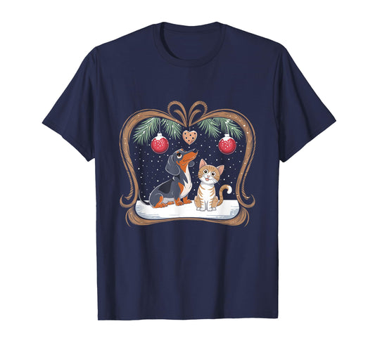 Dachshund Dog Cat Christmas Ball Snowflakes X-mas Holiday T-Shirt