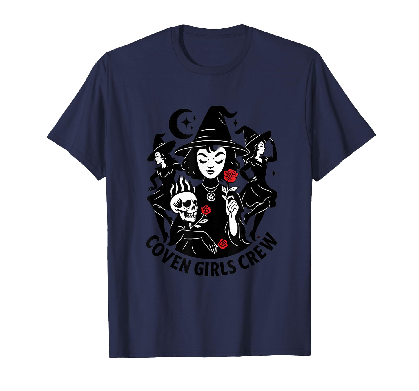 Witchy Girls Coven Crew Halloween Moon, Skull Rose Tee T-Shirt