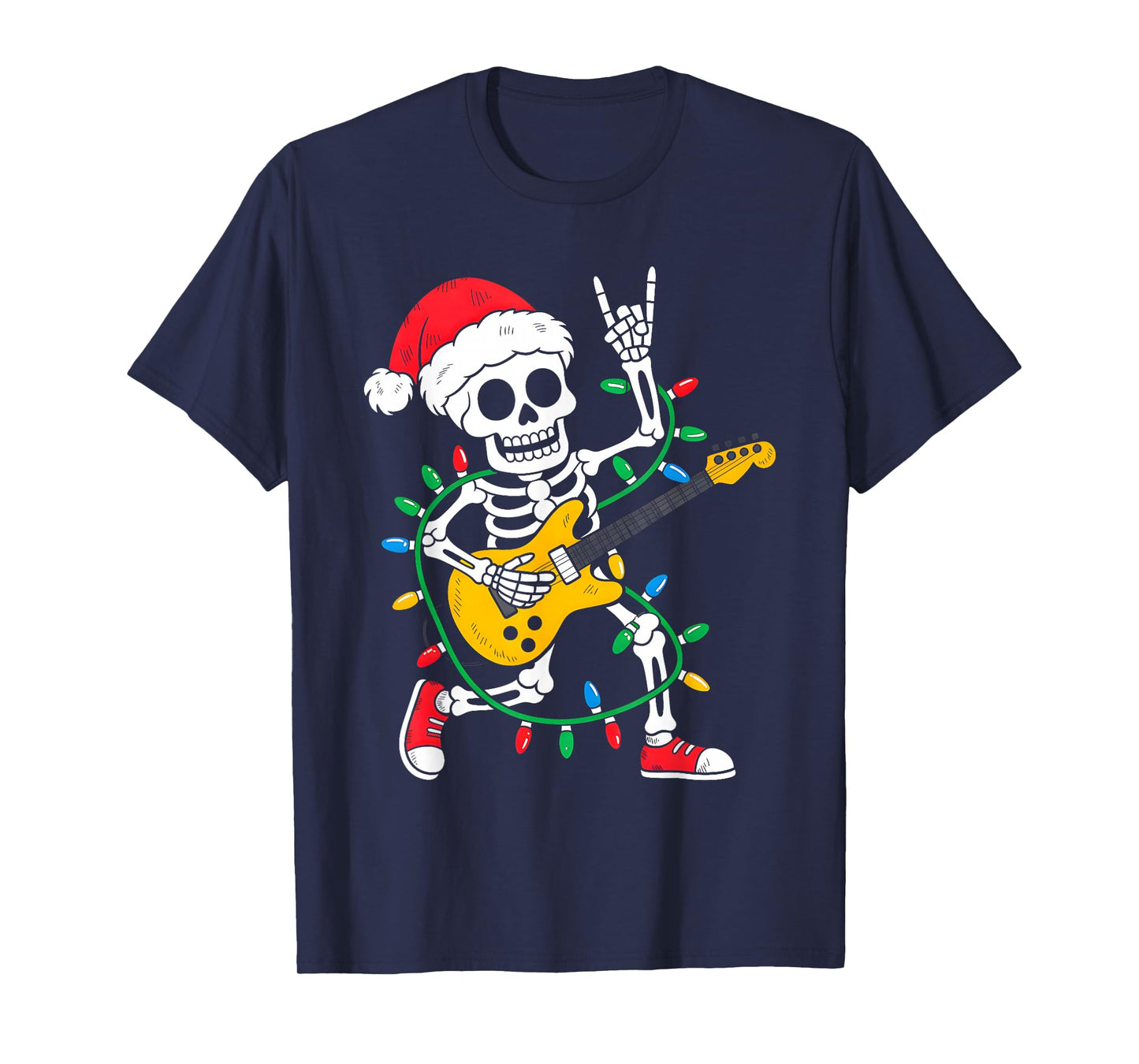 Xmas Santa Skeleton Playing Guitar Rock Funny Christmas T-Shirt
