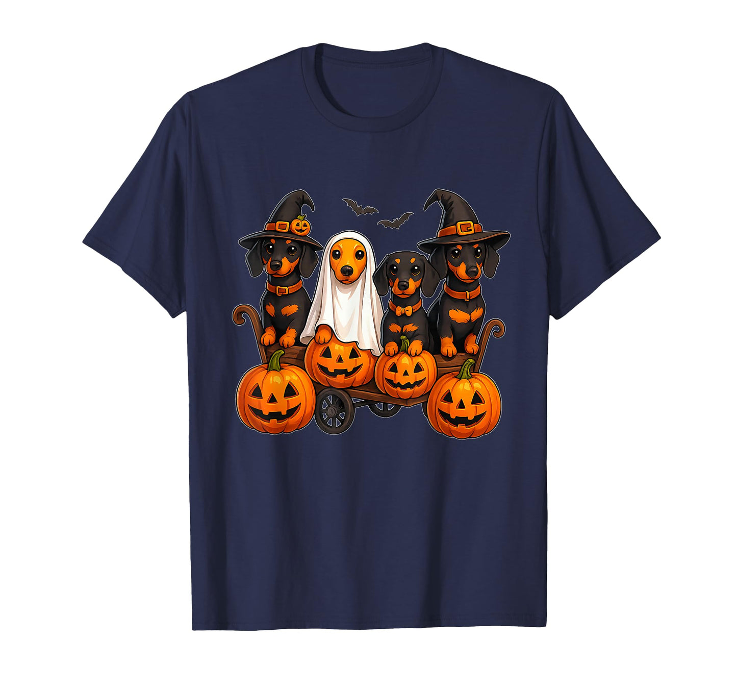 Halloween Dachshund Dogs Ghost Witch Pumpkins Wooden Wagon T-Shirt
