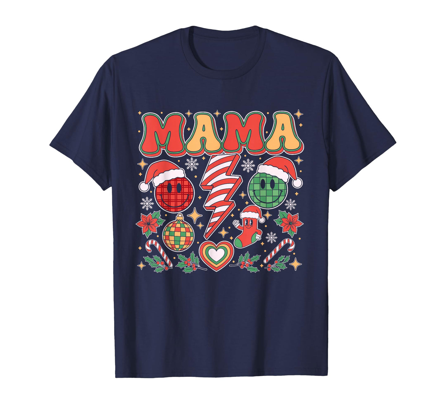 Retro Christmas Mama Family Matching Cute Santa Smile Face T-Shirt