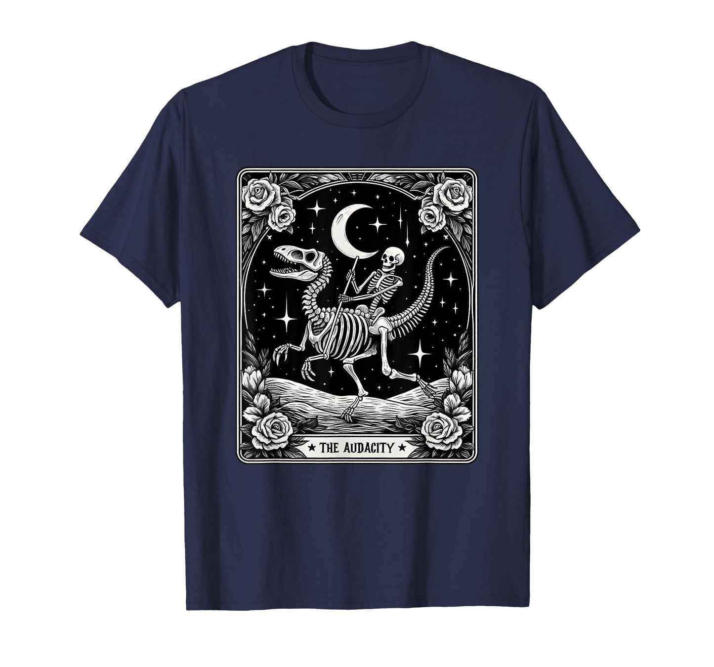 The Audacity Skeleton Riding Dinosaur Tarot Card Halloween T-Shirt