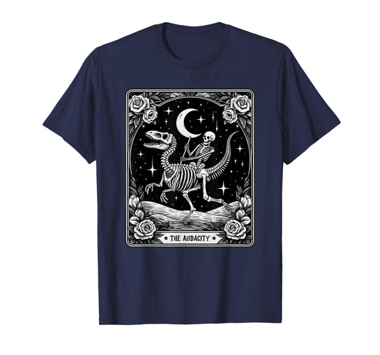 The Audacity Skeleton Riding Dinosaur Tarot Card Halloween T-Shirt