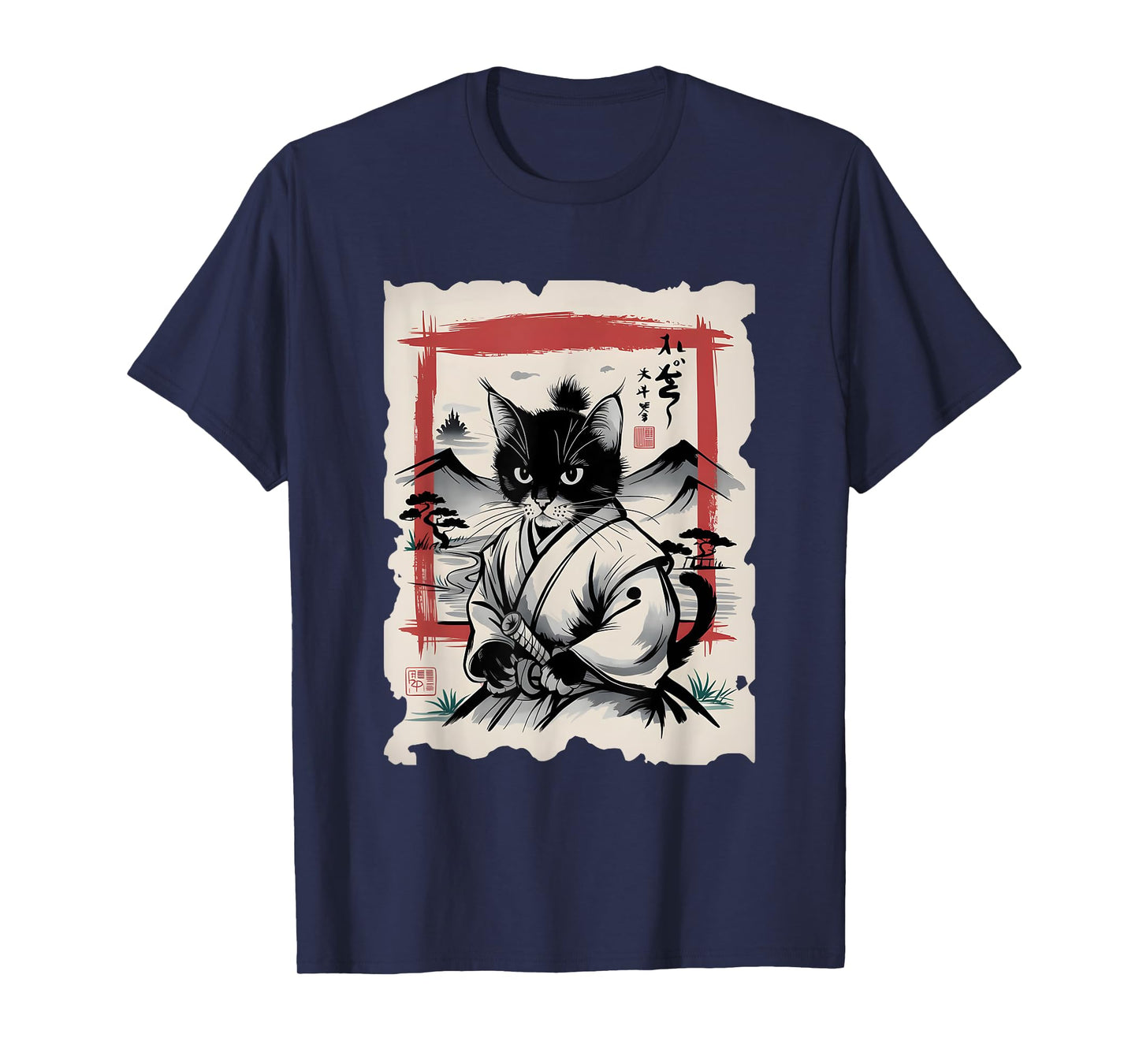 Samurai Cat Sumi-e Graphic - Vintage Warrior Japanese Art Men Women Girls Kids T-Shirt