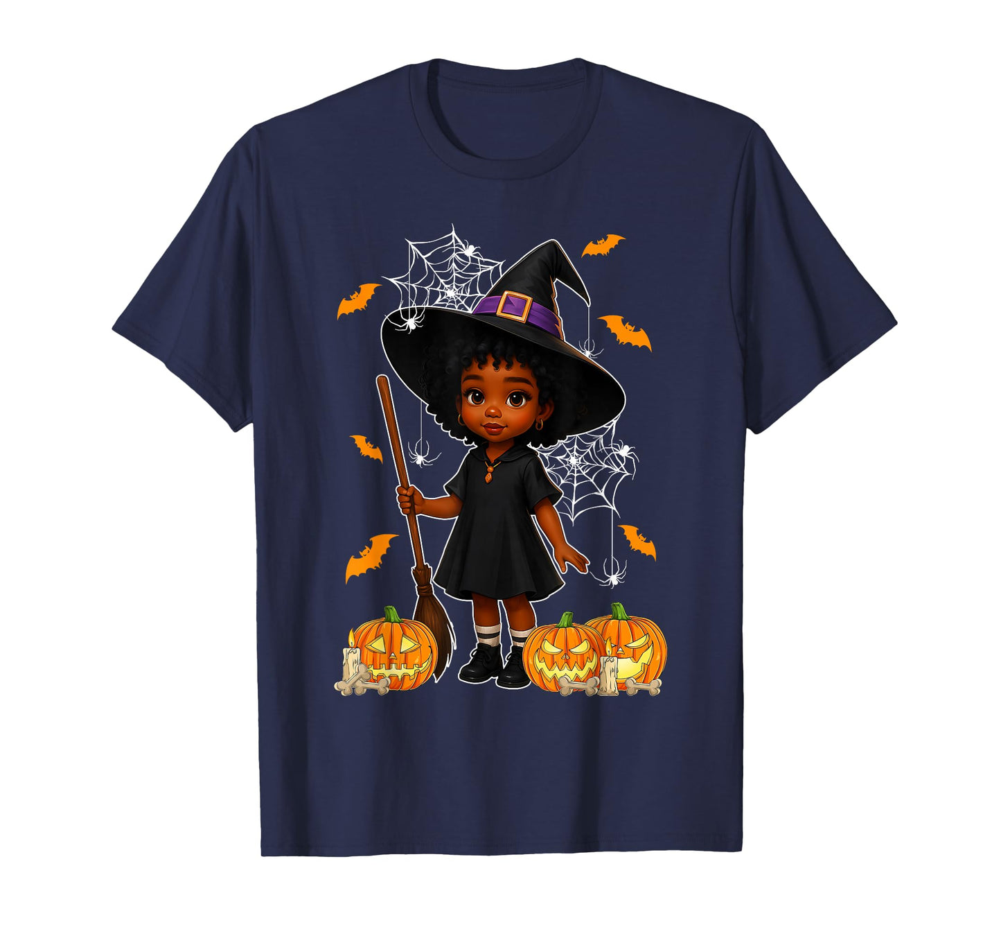 Cute Afro Girl in Witch Costume Halloween Afro Girls Kids T-Shirt