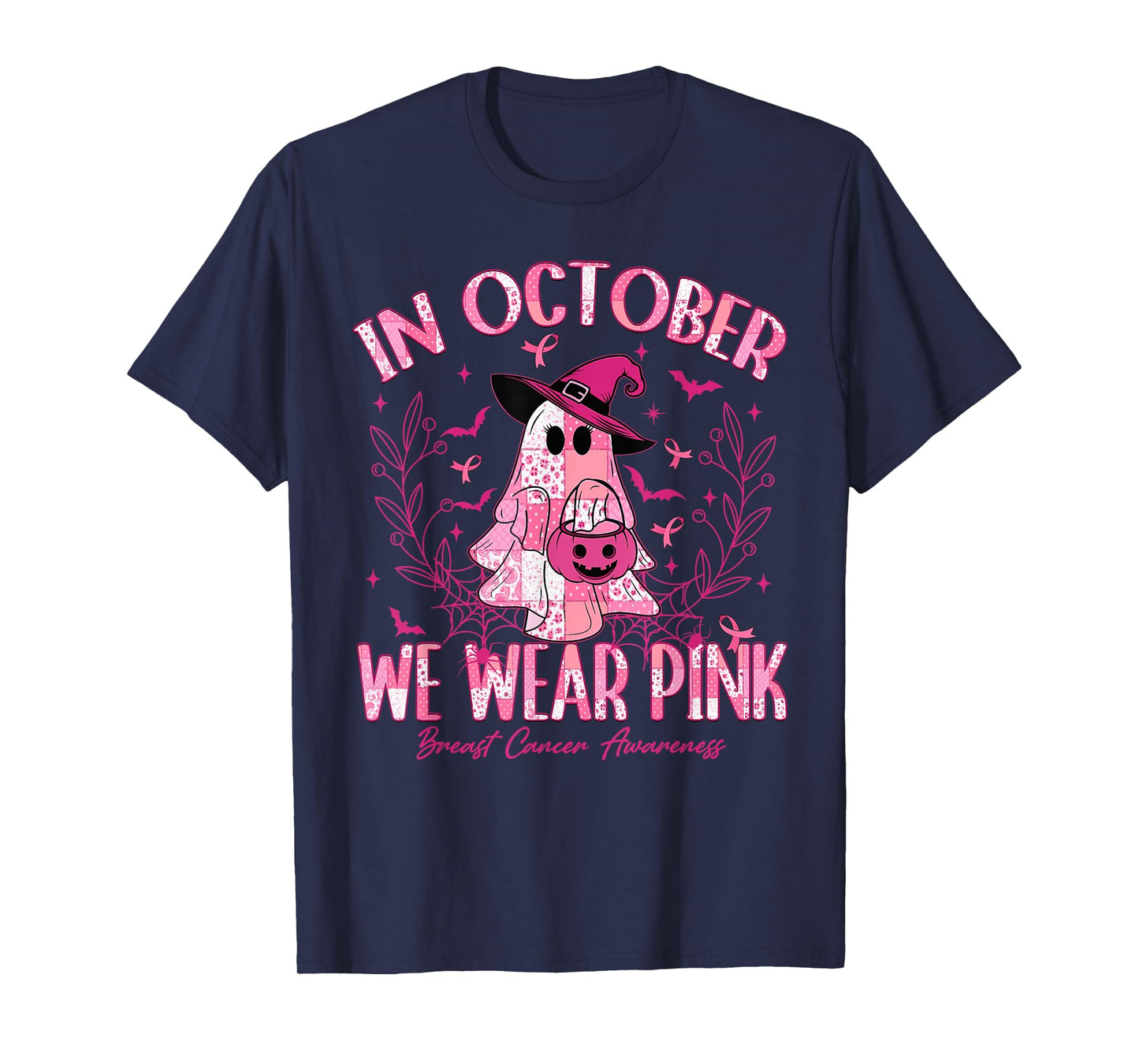 in October We Wear Pink Ghost Witch Breast Cancer Awareness T-Shirt