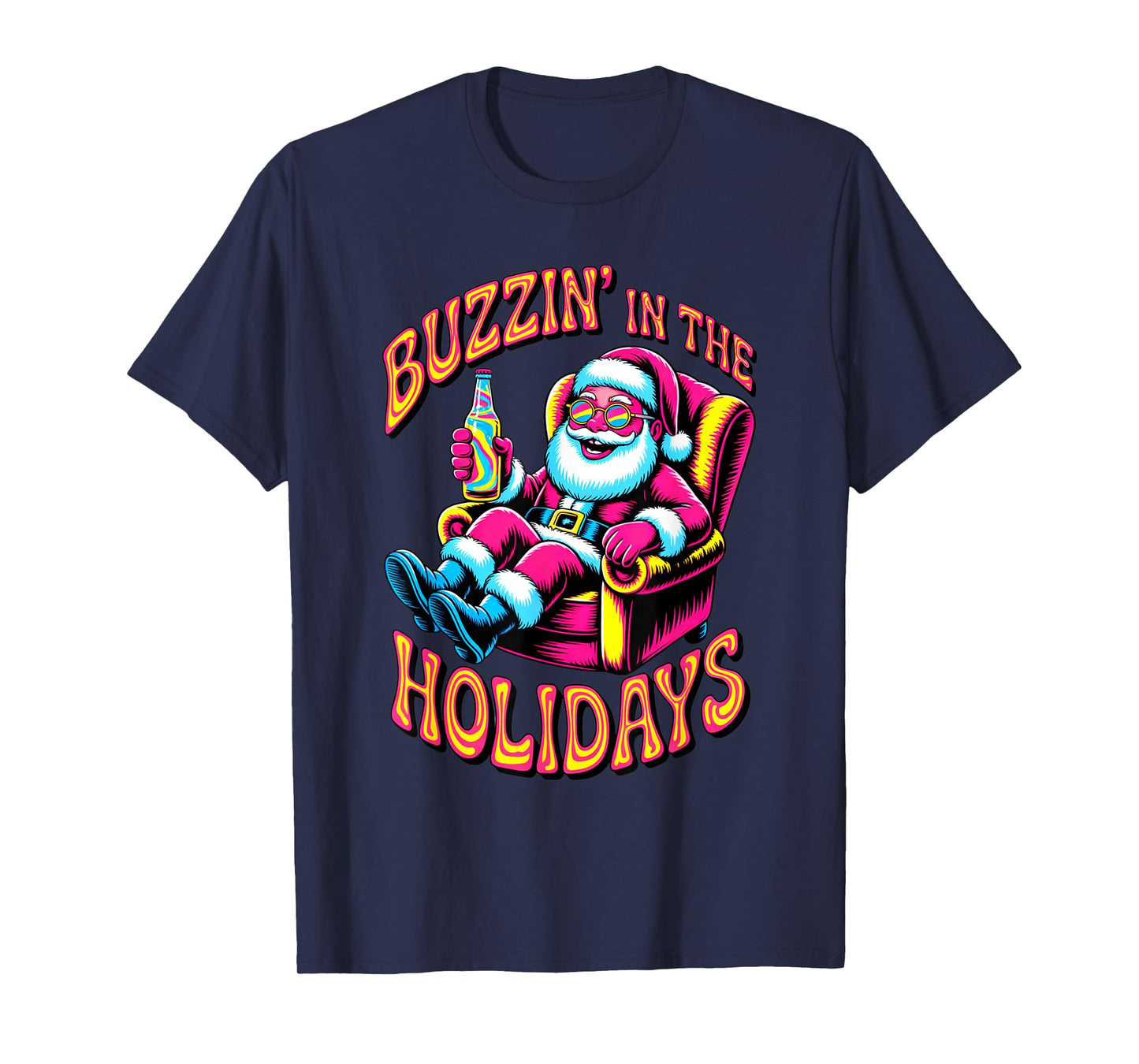 Psychedelic Drunk Santa Buzzing in Holidays Christmas Beer T-Shirt
