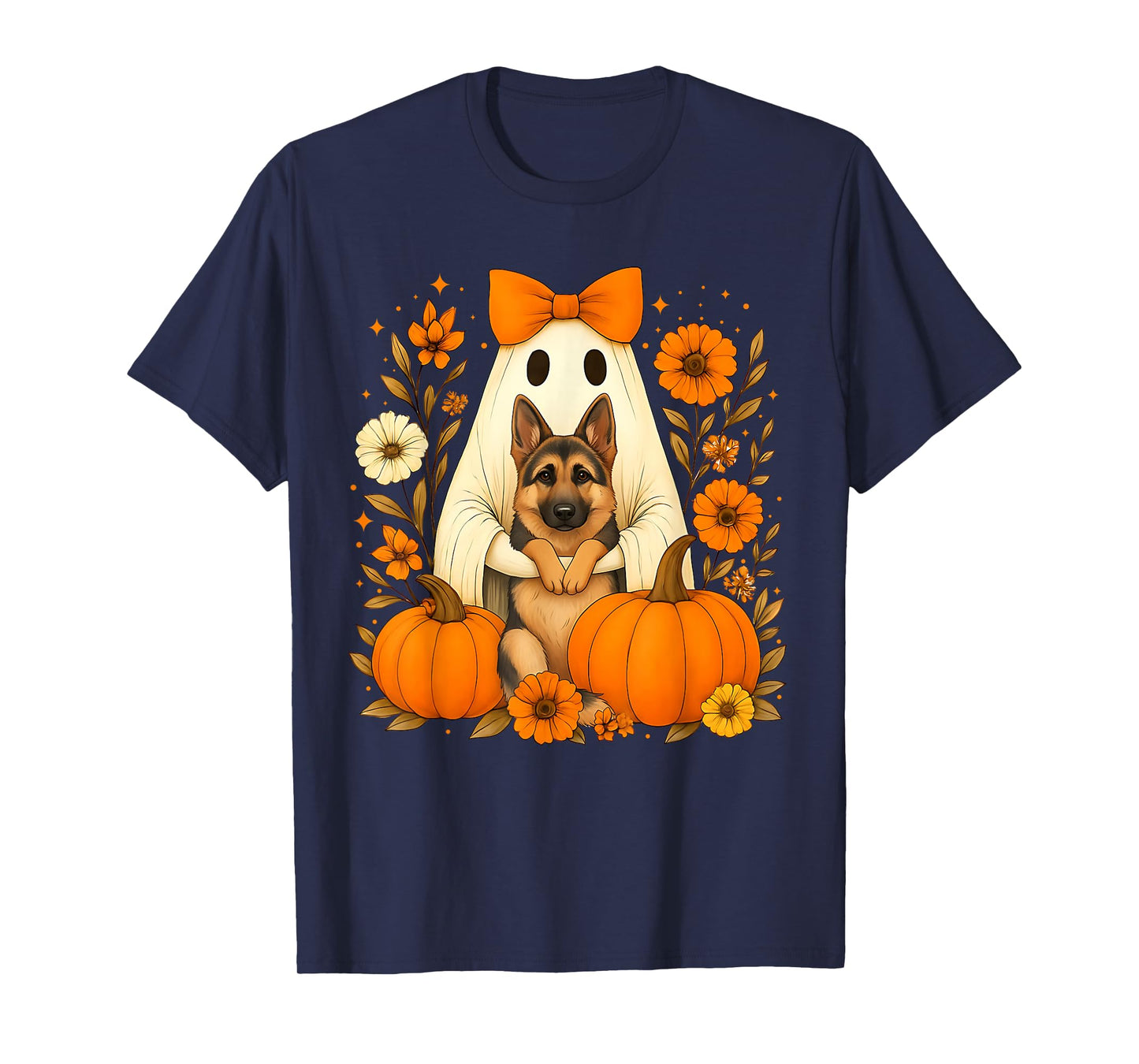 Vintage Halloween Ghost Holding German Shepherd Dog T-Shirt