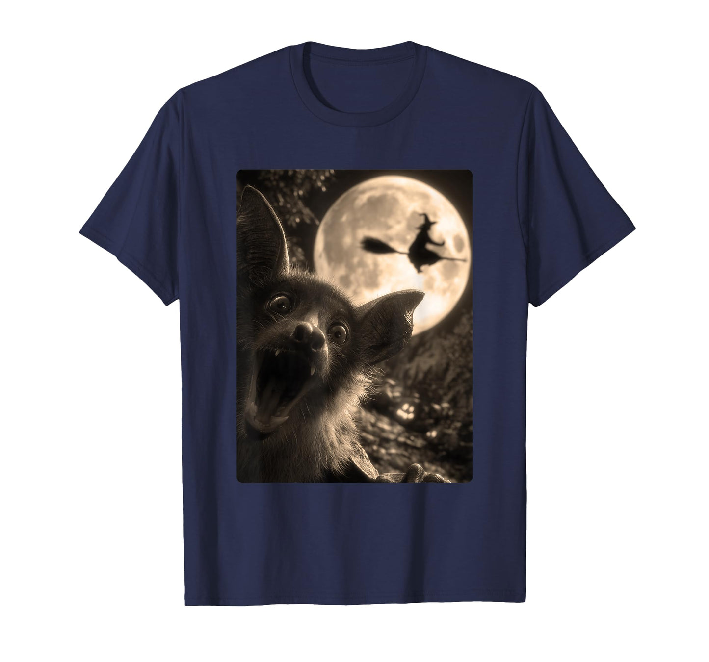 Funny Bat Selfie Full Moon Flying Witch Forest Halloween T-Shirt
