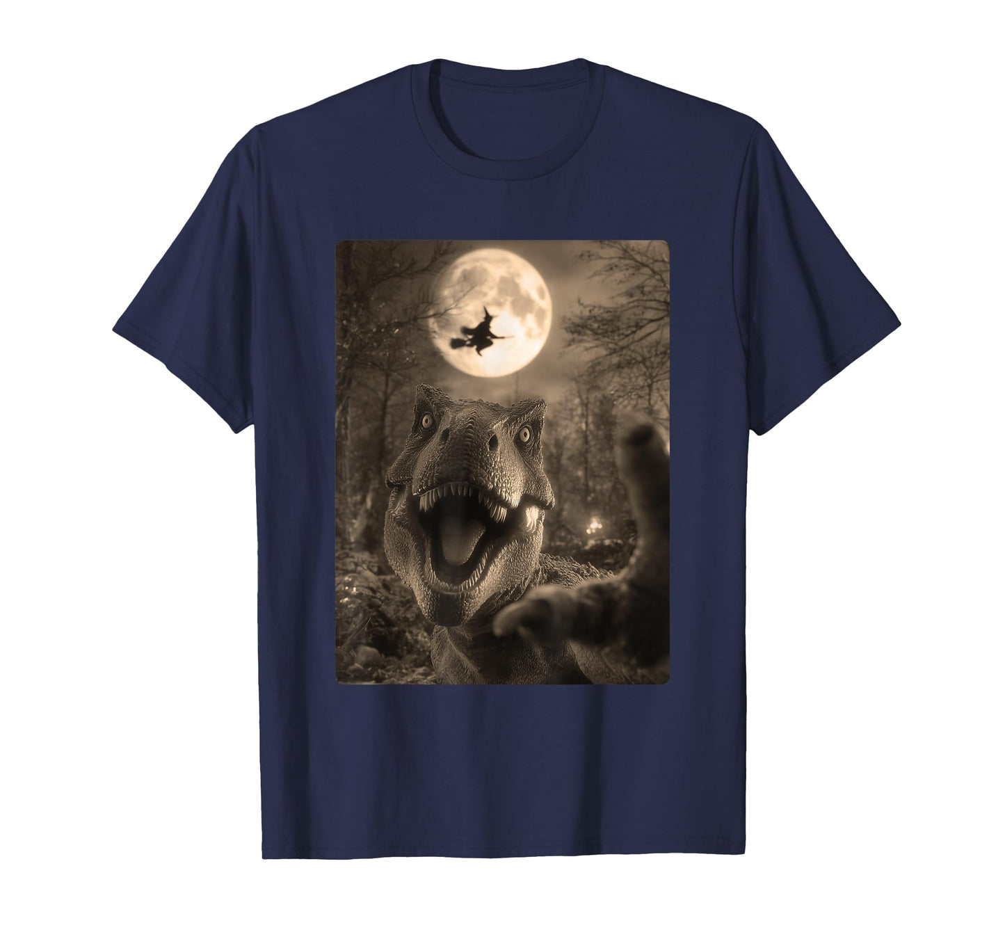 Funny T-rex Selfie Full Moon Flying Witch Dinosaur Halloween T-Shirt