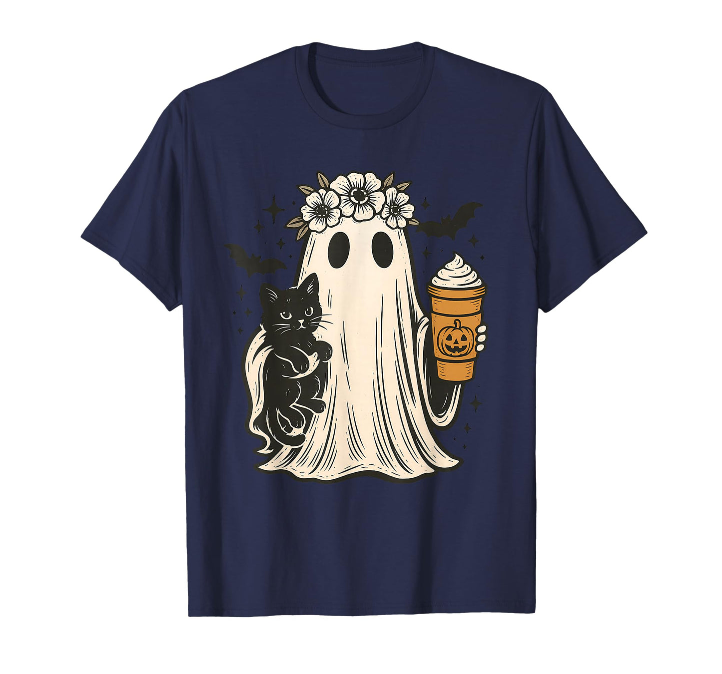 Halloween Ghost Holding Black Cat with ice Cream T-Shirt