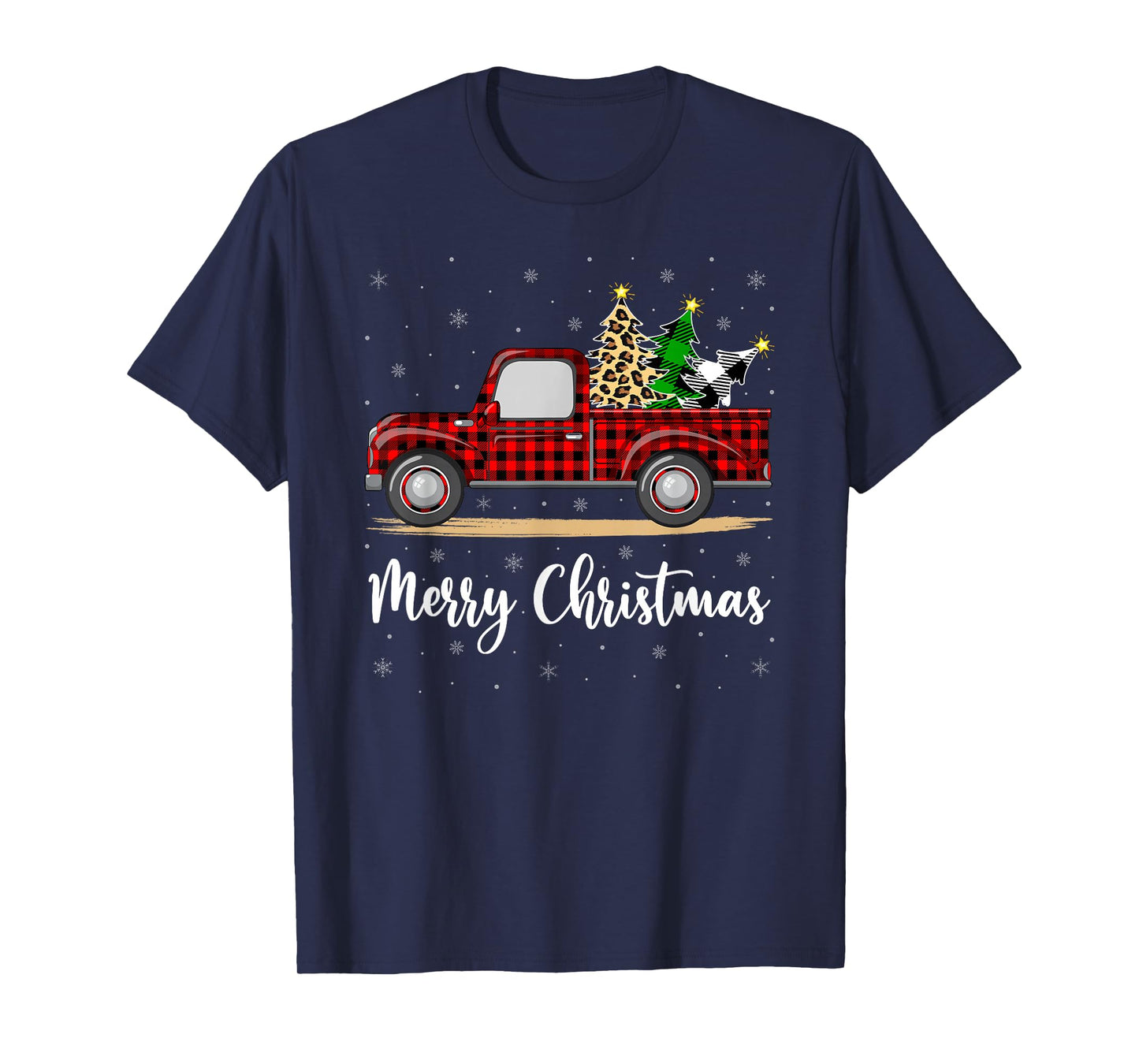 Merry Christmas Leopard Buffalo Plaid Xmas Tree Red Truck T-Shirt