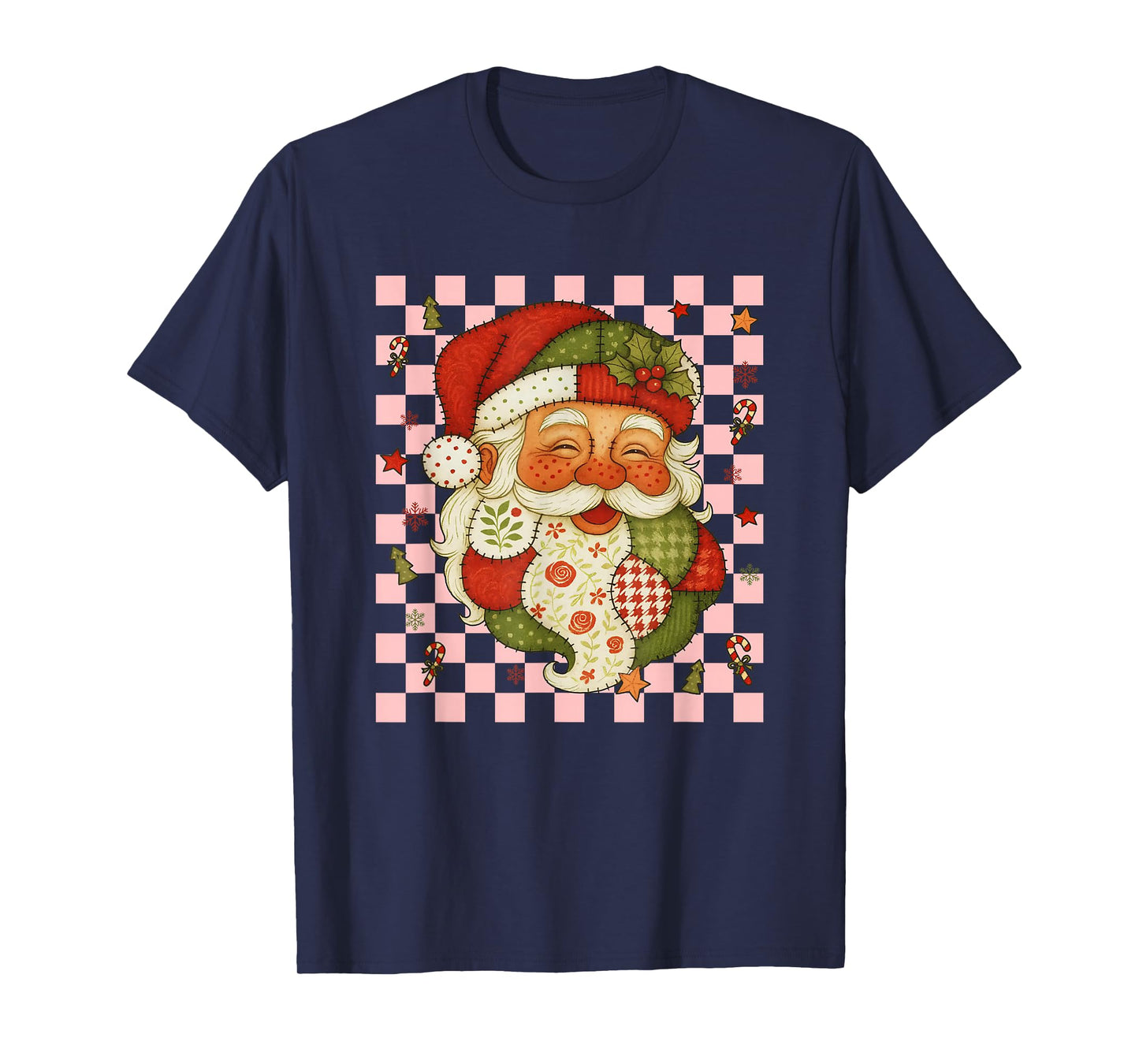 Retro Patchwork Santa Claus Christmas Preppy Merry Xmas T-Shirt