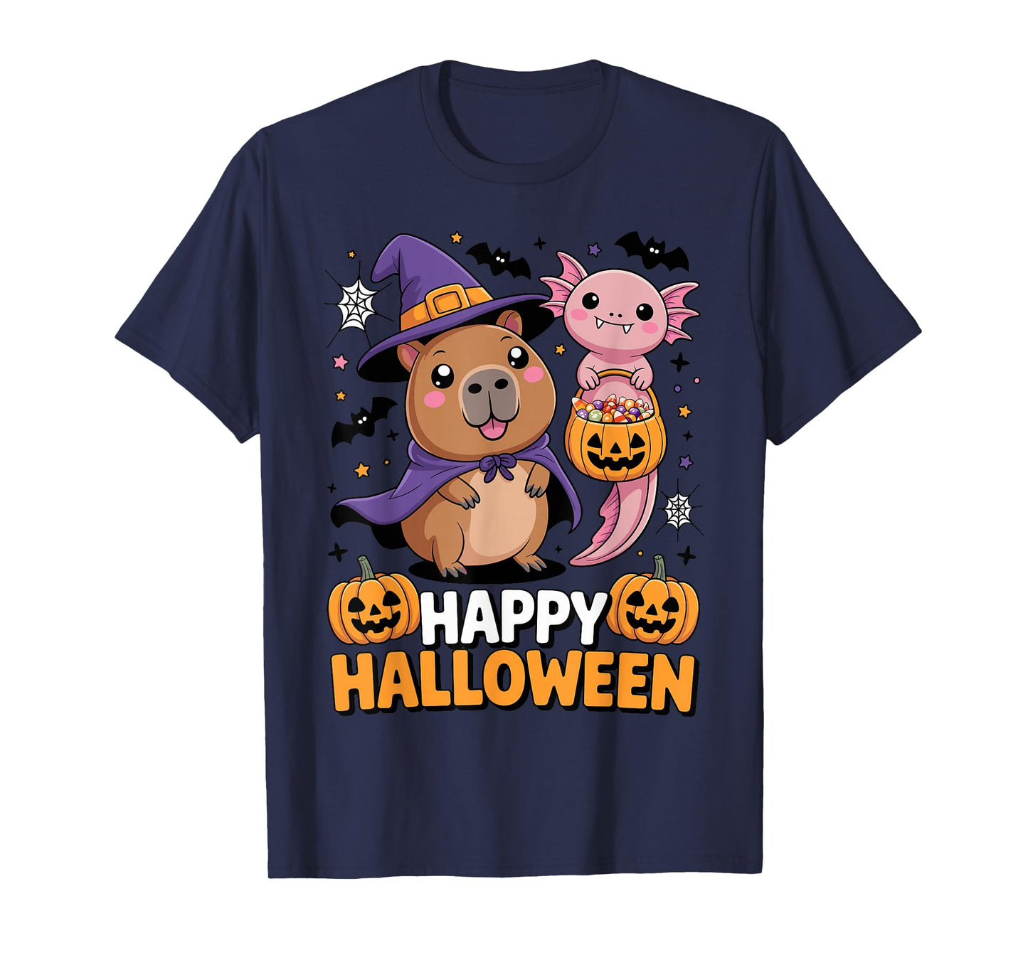 Cute Capybara and Axolotl Happy Halloween Kids T-Shirt