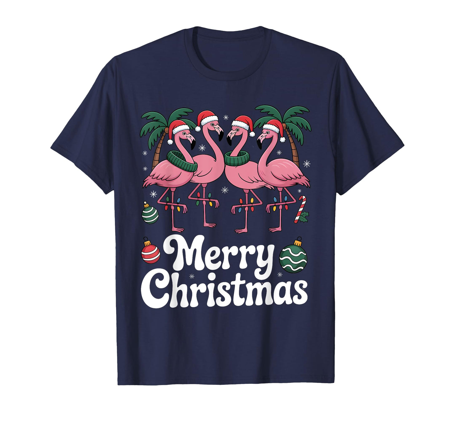 Merry Christmas Pink Flamingo Santa Hat Xmas Lights T-Shirt