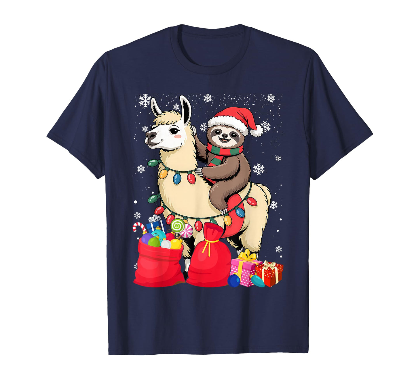 Funny Santa Llama Sloth Christmas Xmas Apparel T-Shirt