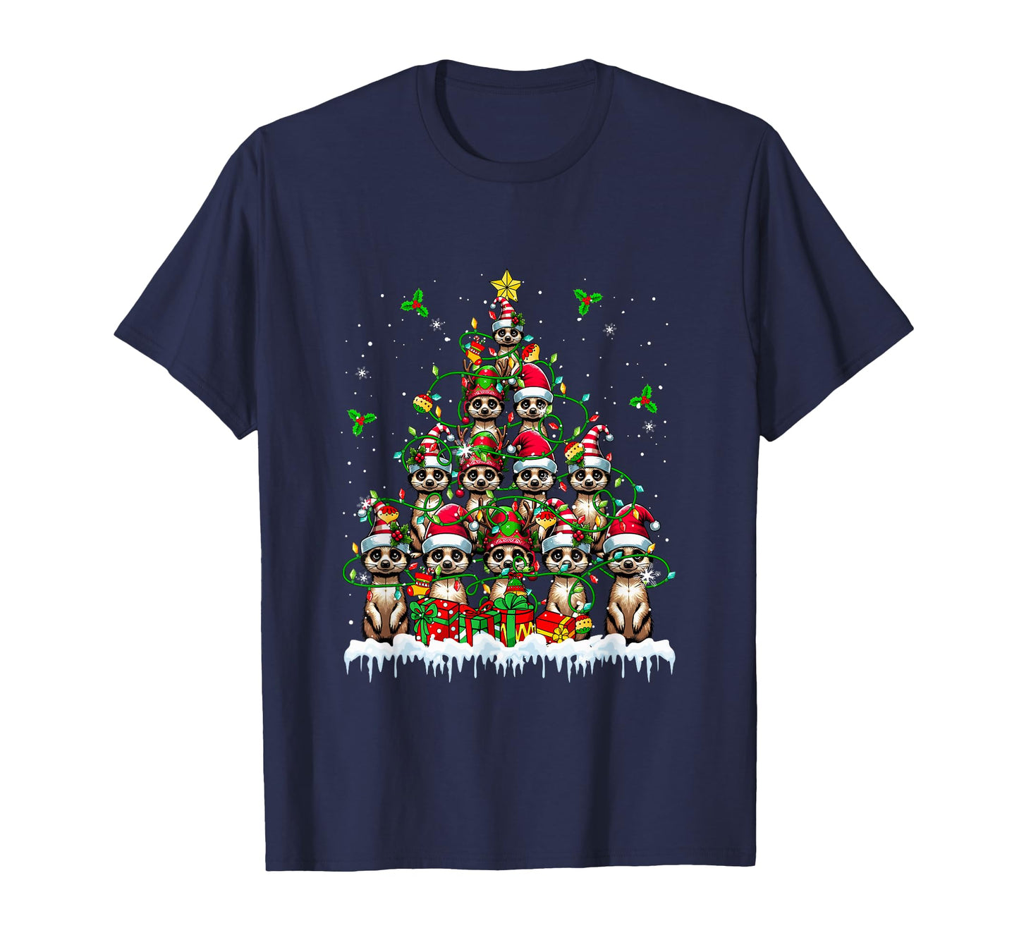 Group Santa Reindeer Elf Meerkats Xmas Tree Colorful Lights T-Shirt