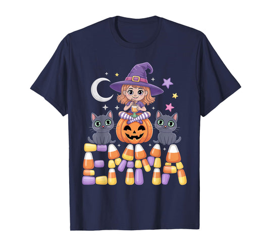 Emma Witch Candy Corn Cat Halloween Women and Girls T-Shirt