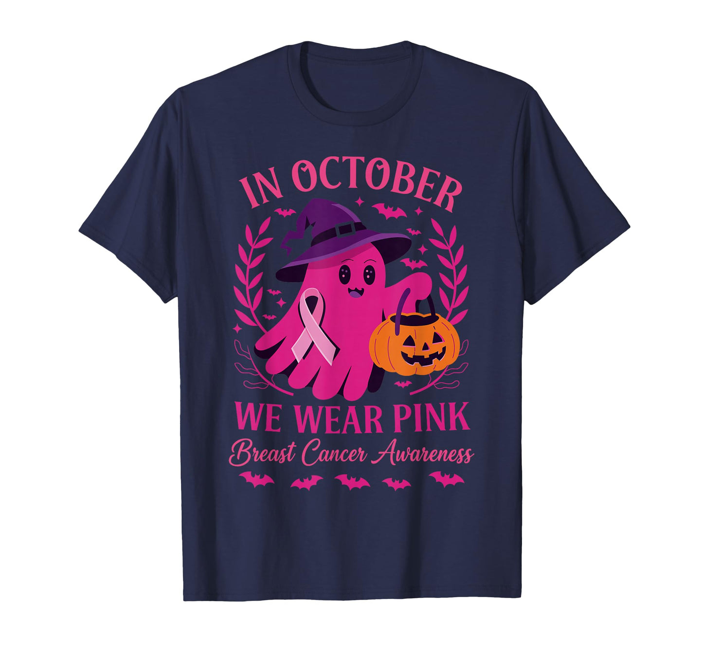 in October We Wear Pink Women Halloween Breast Cancer T-Shirt