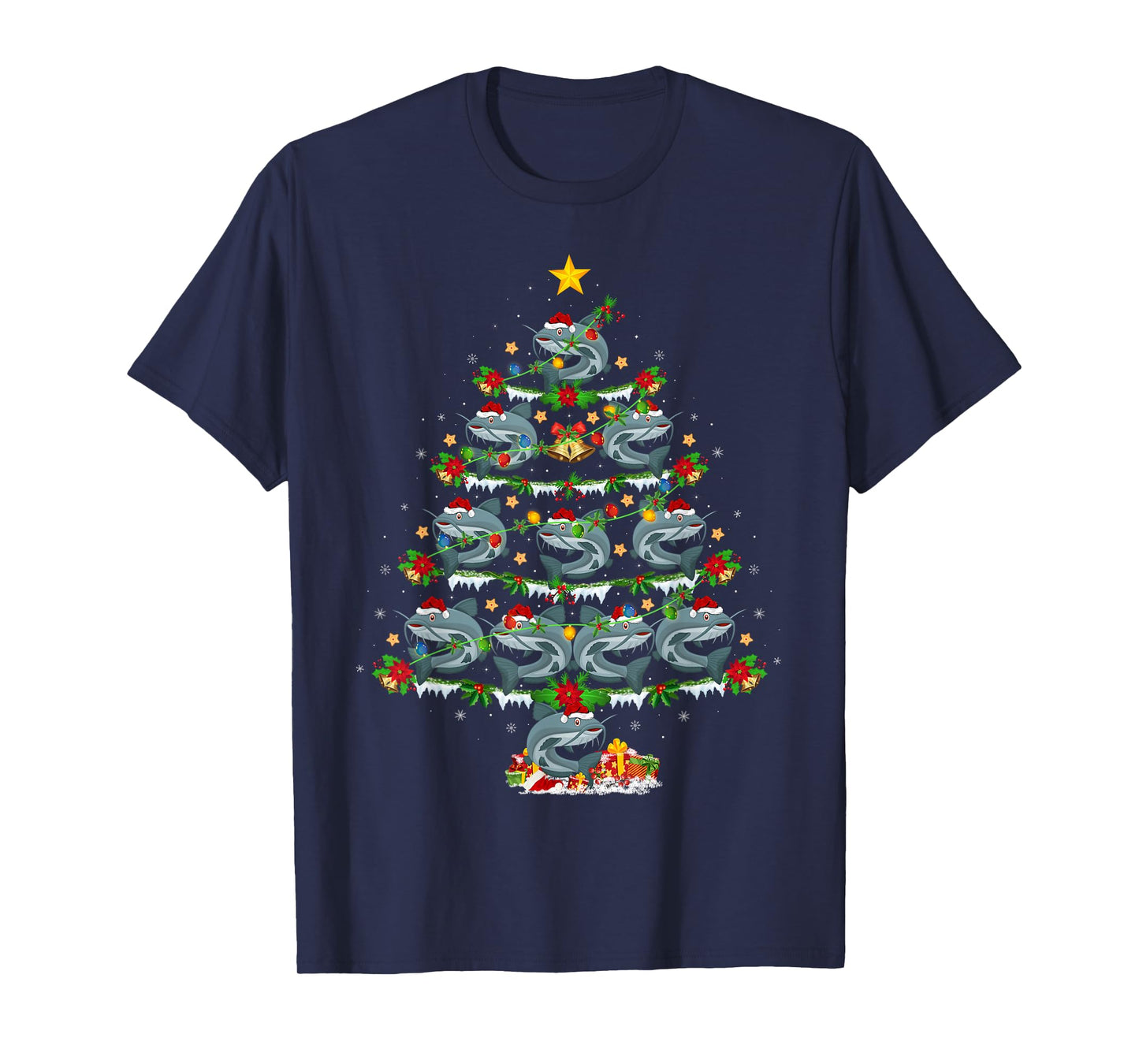 Catfish Christmas Tree Lights Funny Catfish Fishing Xmas T-Shirt