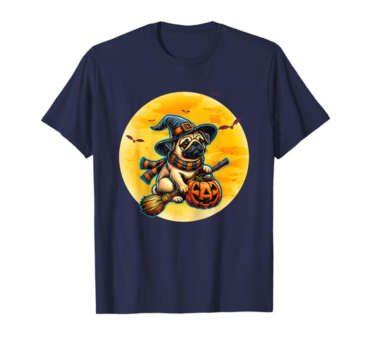 Dog Witch Broom Full Moon Pug Halloween T-Shirt