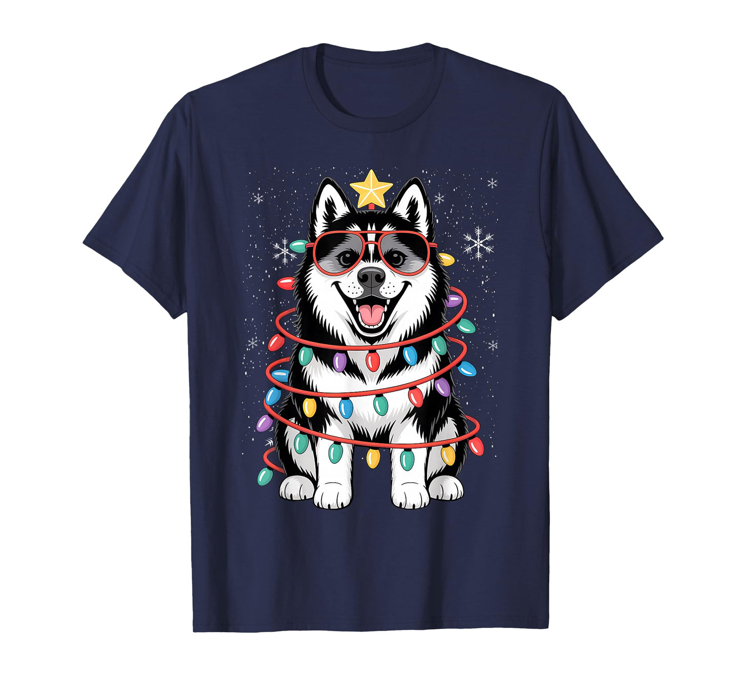 Siberian Husky Christmas Tree Lights Santa Xmas Dog T-Shirt