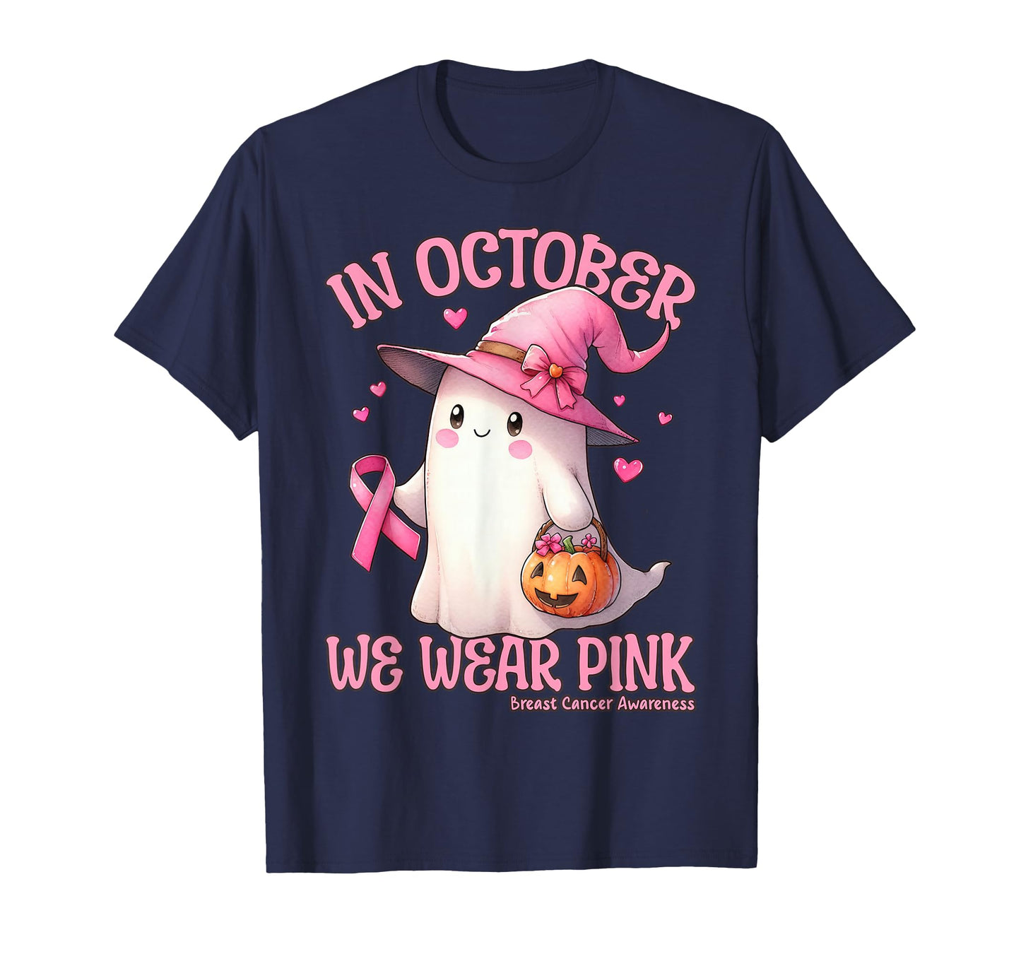 in October We Wear Pink Breast Cancer Ghost Witch Halloween T-Shirt