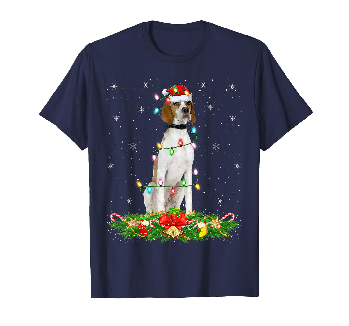 English Pointer Dog Christmas Lights Funny Santa Hat Xmas T-Shirt