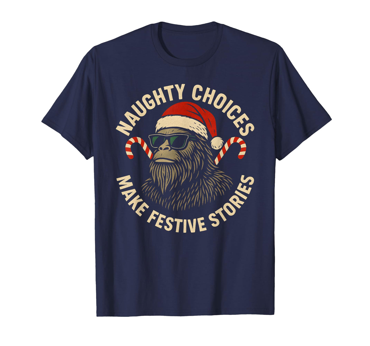 Gorilla Santa Hat Cane Candy Festive Artwork T-Shirt