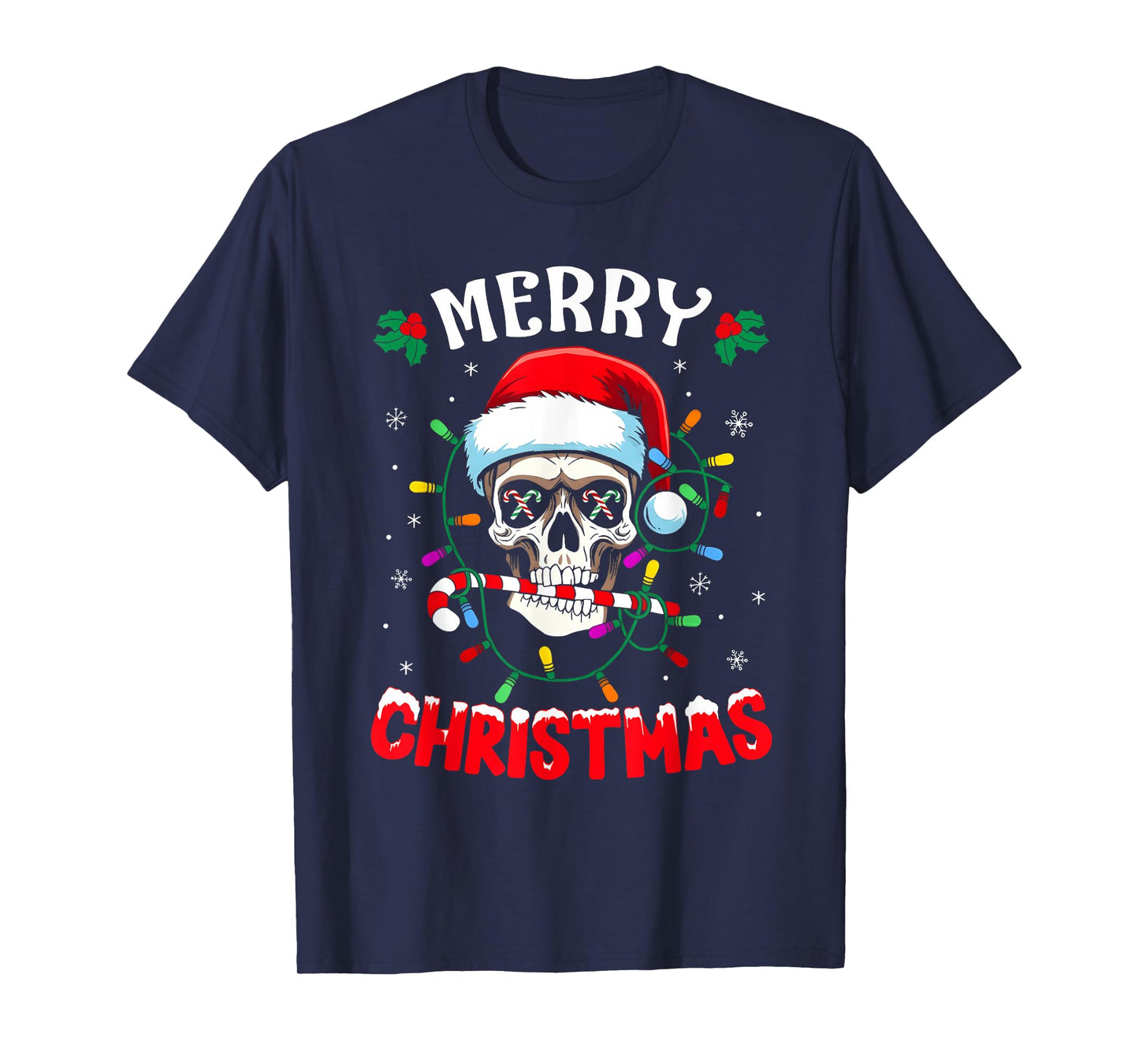 Merry Christmas Lights Red Santa Hat Skull Family Men Women T-Shirt
