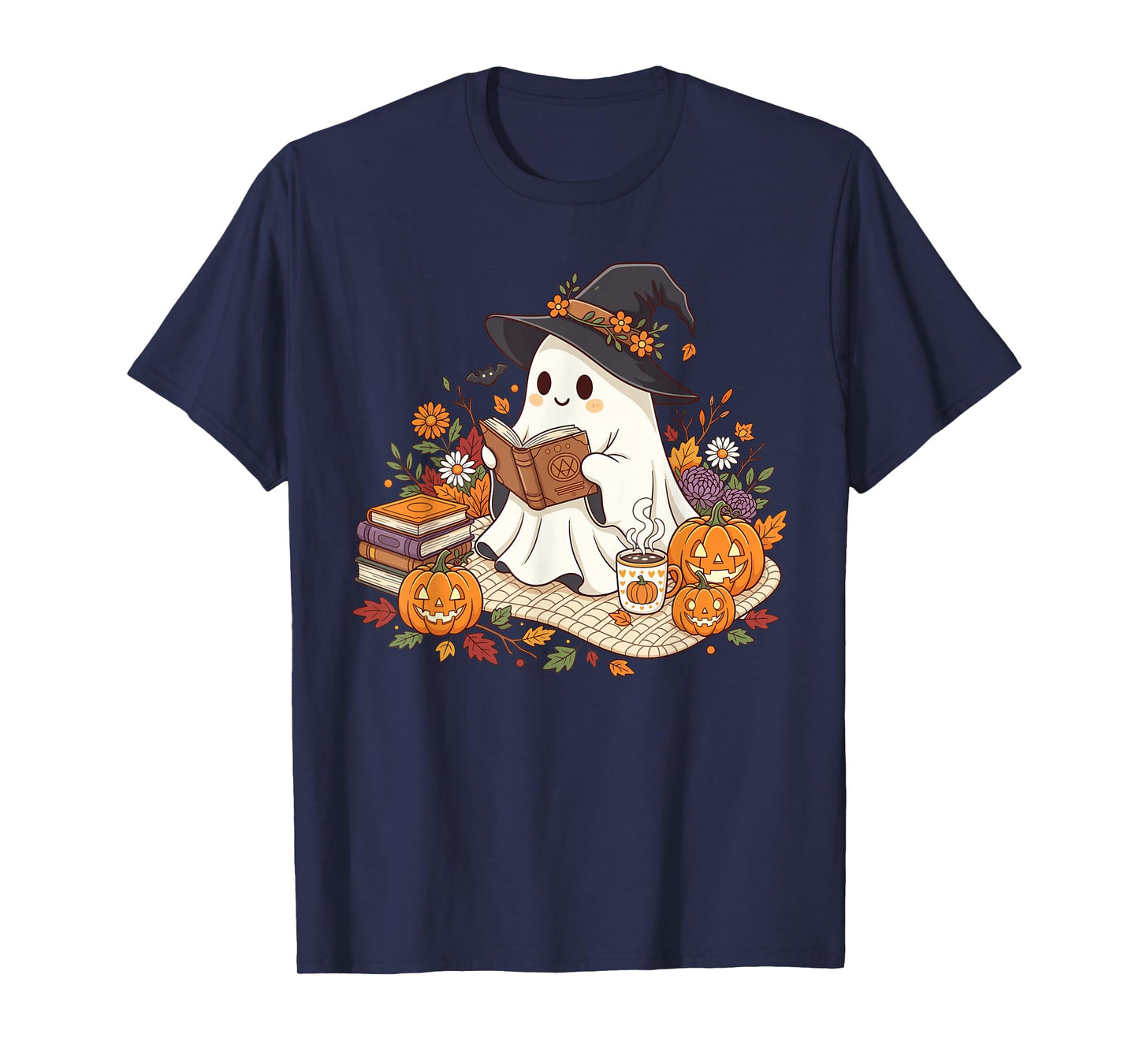 Ghost Reading Book Pumpkin Flower Halloween Reader Bookworm T-Shirt