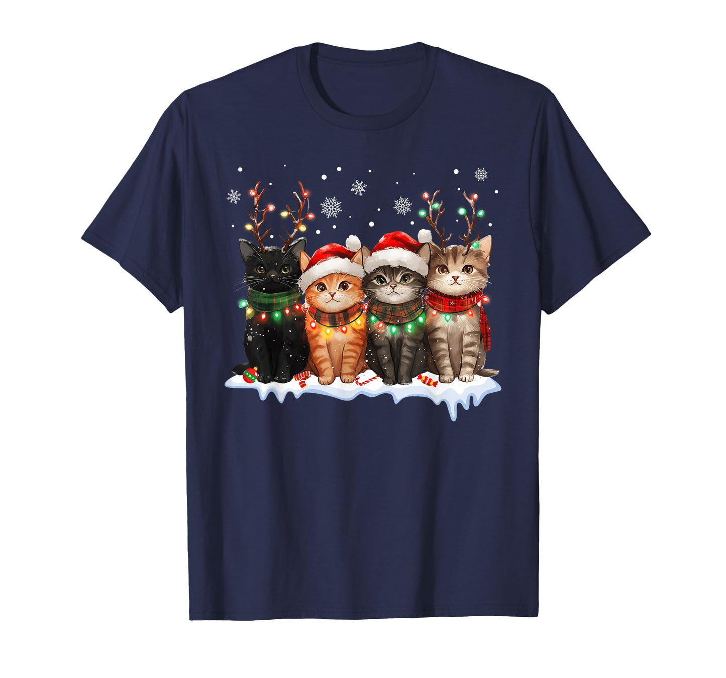Cat Christmas Light Reindeer Santa Christmas Cat Lover T-Shirt