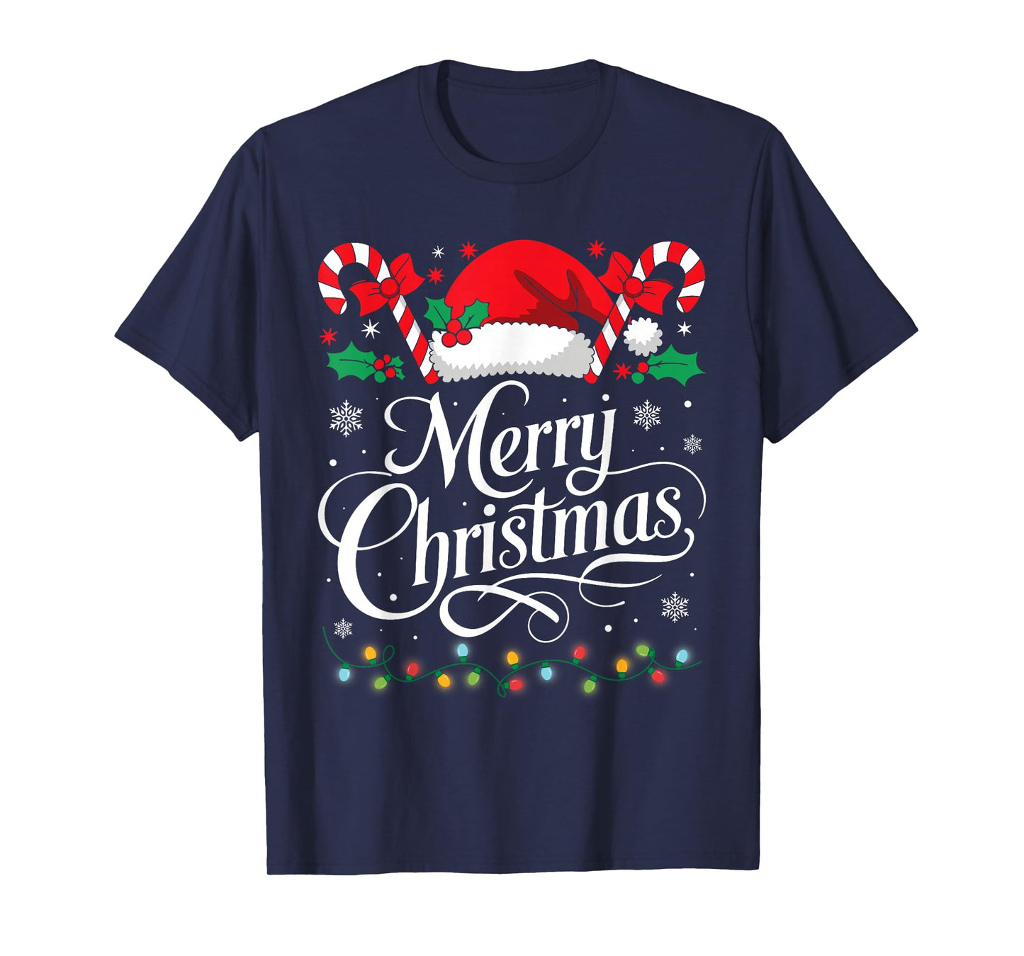Merry Christmas Lights Red Santa Hat Xmas Family Men Women T-Shirt