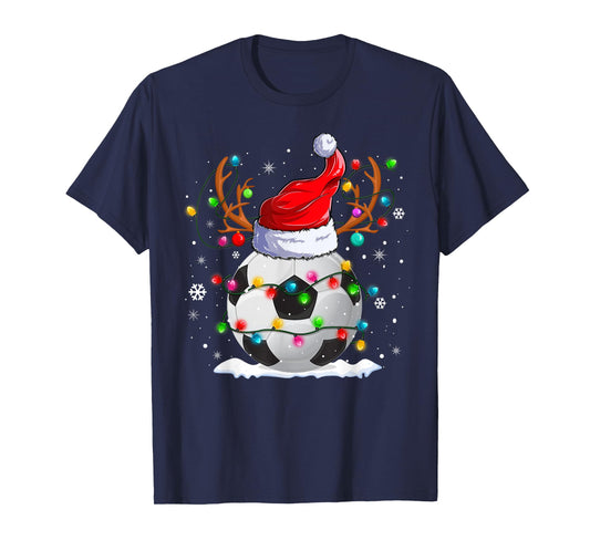 Soccer Santa Hat Reindeer Christmas Lights Funny Xmas T-Shirt
