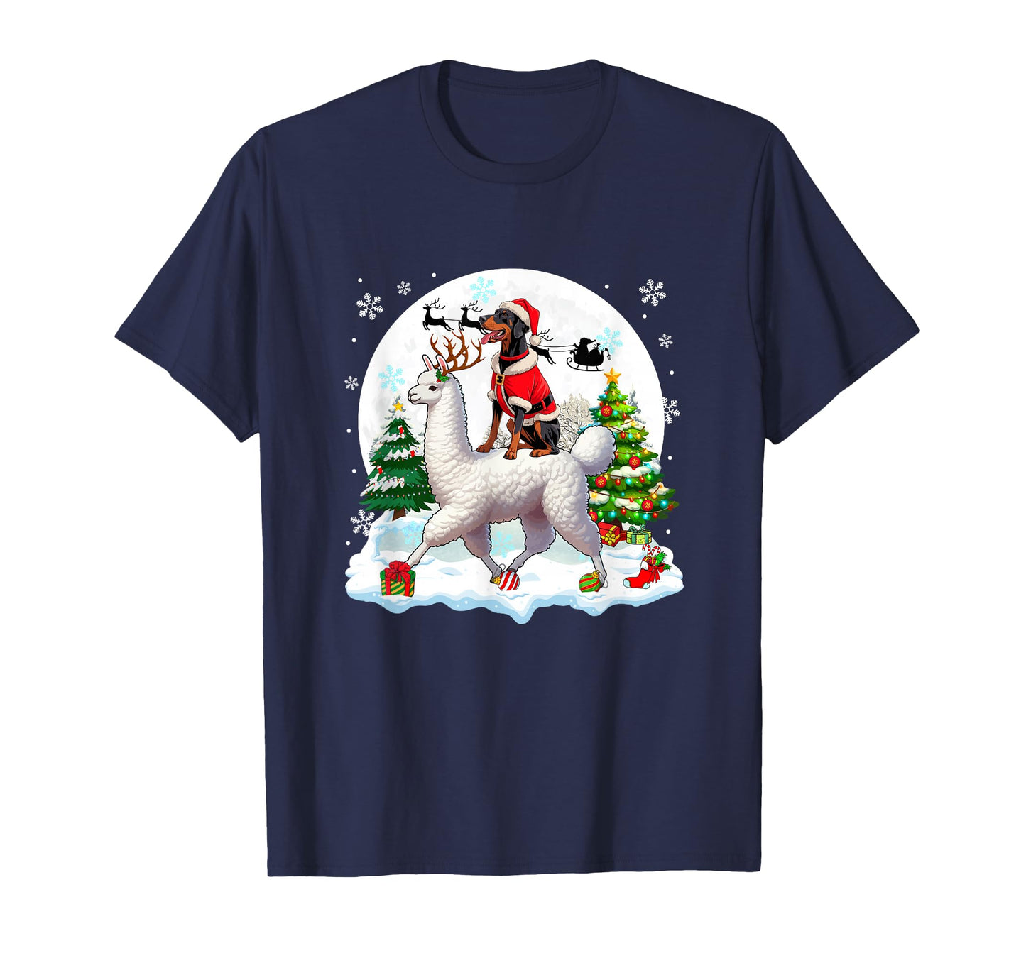 Santa Dobermann Riding Llama Reindeer Christmas Owner Kids T-Shirt