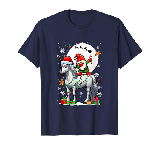 Dabbing Gnome On Horse Christmas Santa Colorful Lights T-Shirt