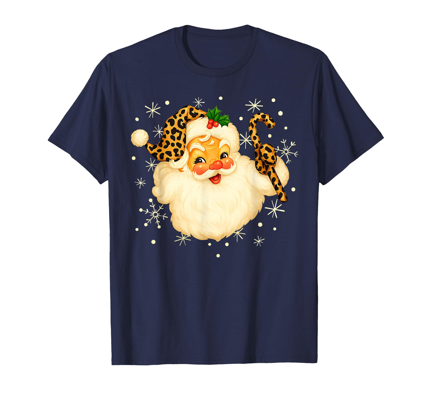 Funny Santa Claus Face Christmas Xmas Leopard Santa Hat T-Shirt
